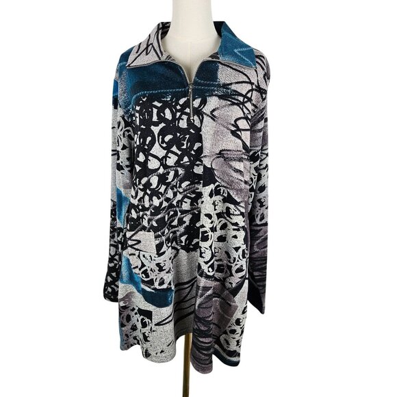 Parsley & Sage Zip-Up Jacket Size XL Grey Turquoise Artsy Graffiti Print Knit - Picture 1 of 7